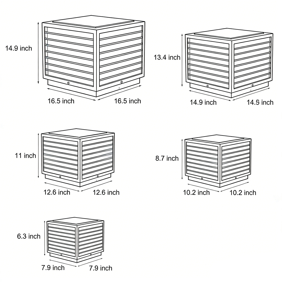 Product size diagrams for five specifications of home pillar light