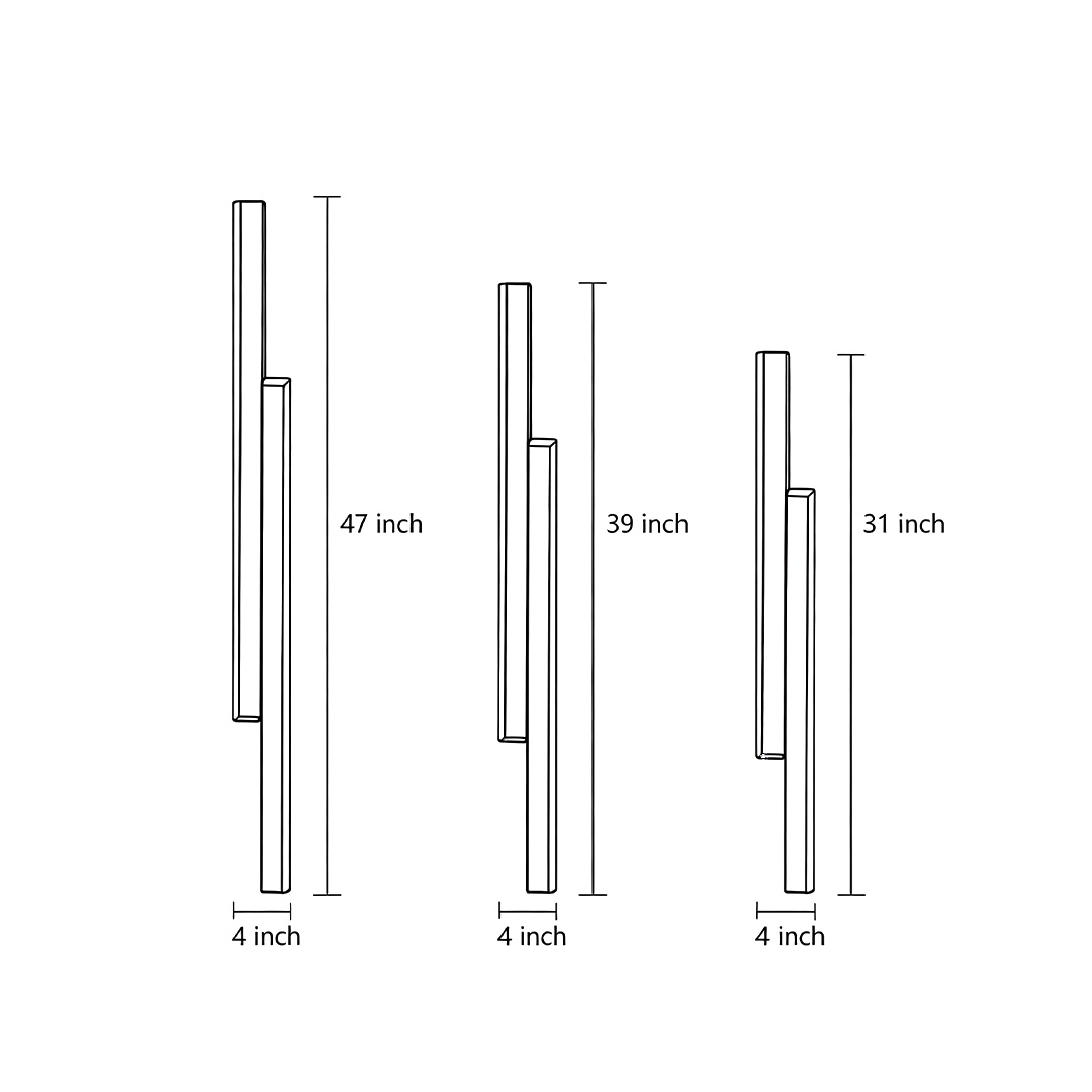 Dimensional drawings of the three different sizes of the vertical wall light.