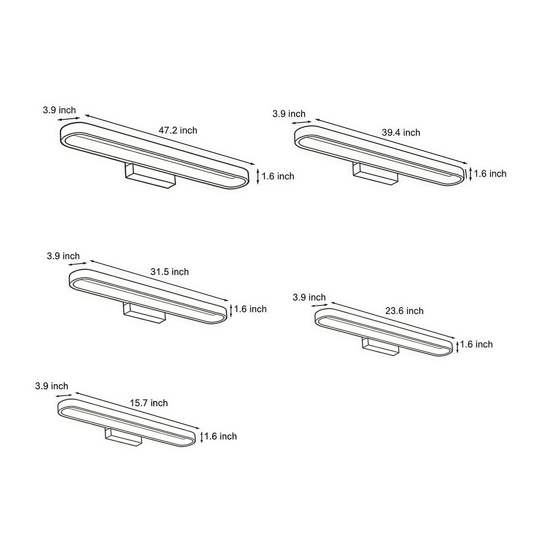 Product dimension diagrams for five specifications of bathroom vanity bar lights