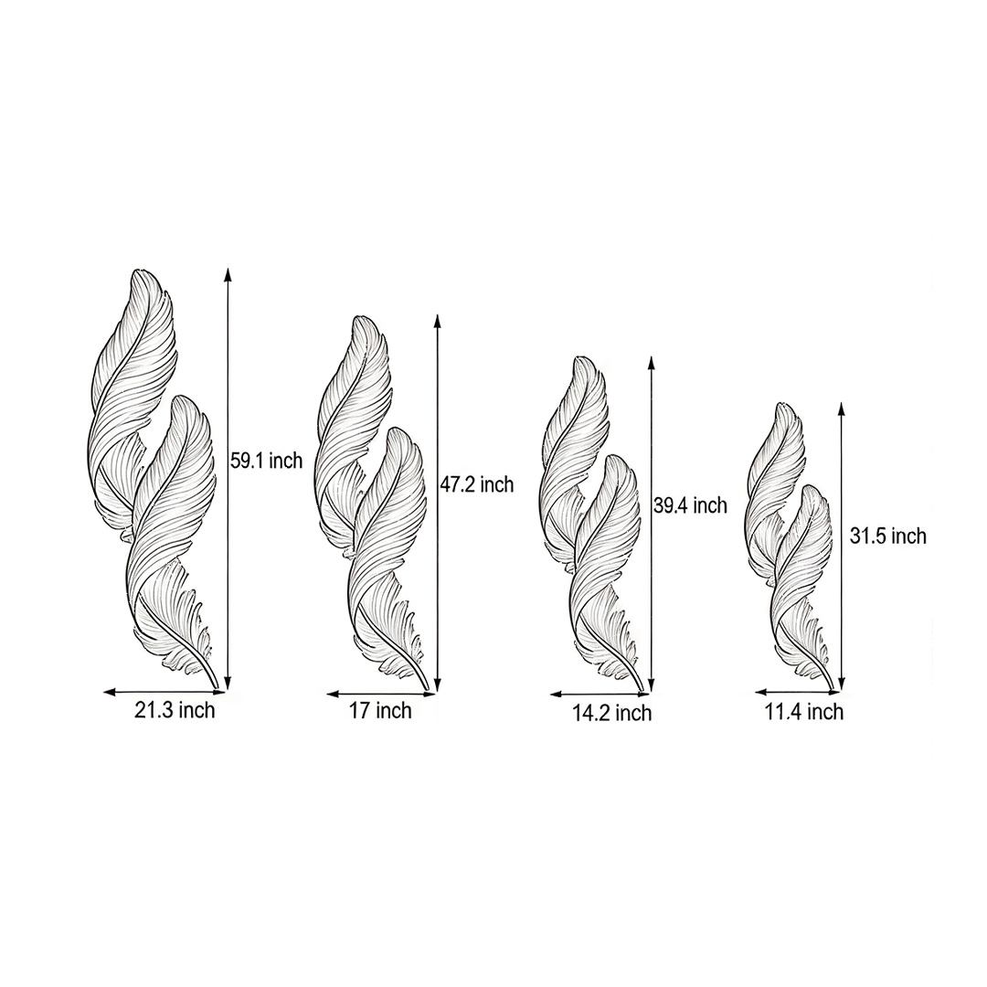 Product dimension diagrams for four specifications of feather wall decor lights