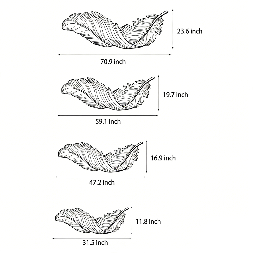 Product dimensions diagrams for the four specifications of the Feather wall lamp