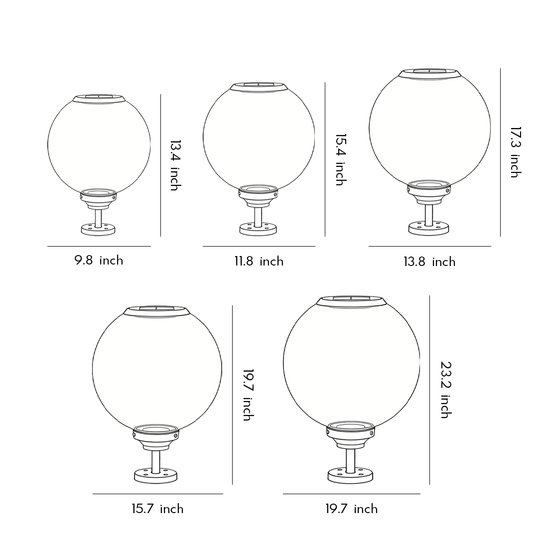 Dimensional drawings of five specifications of outdoor gate pillar lights