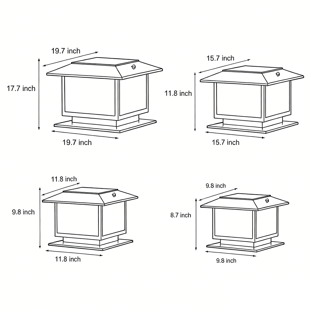 Dimensional drawings of four different sizes of modern outdoor pillar lights