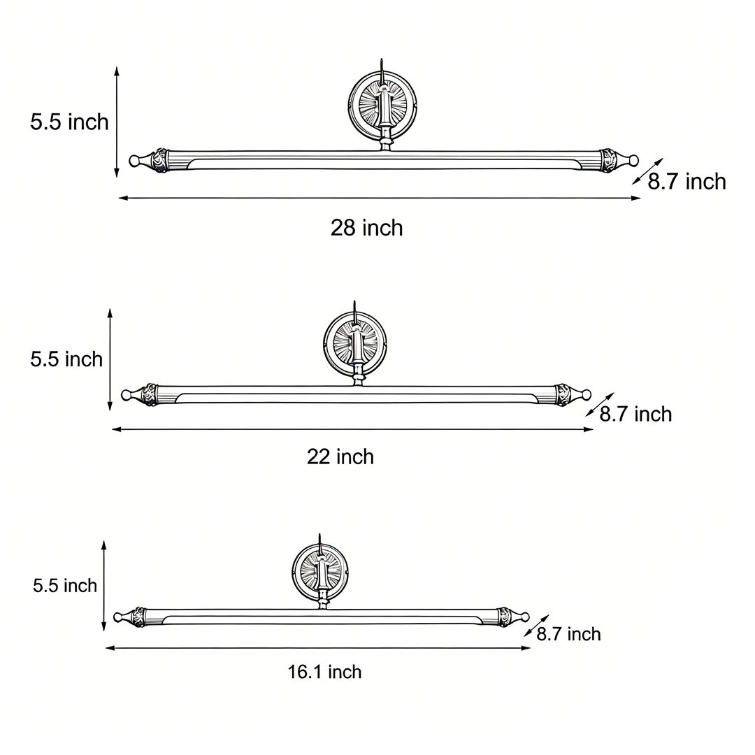 Product dimension diagrams for three sizes of brushed gold vanity light bars