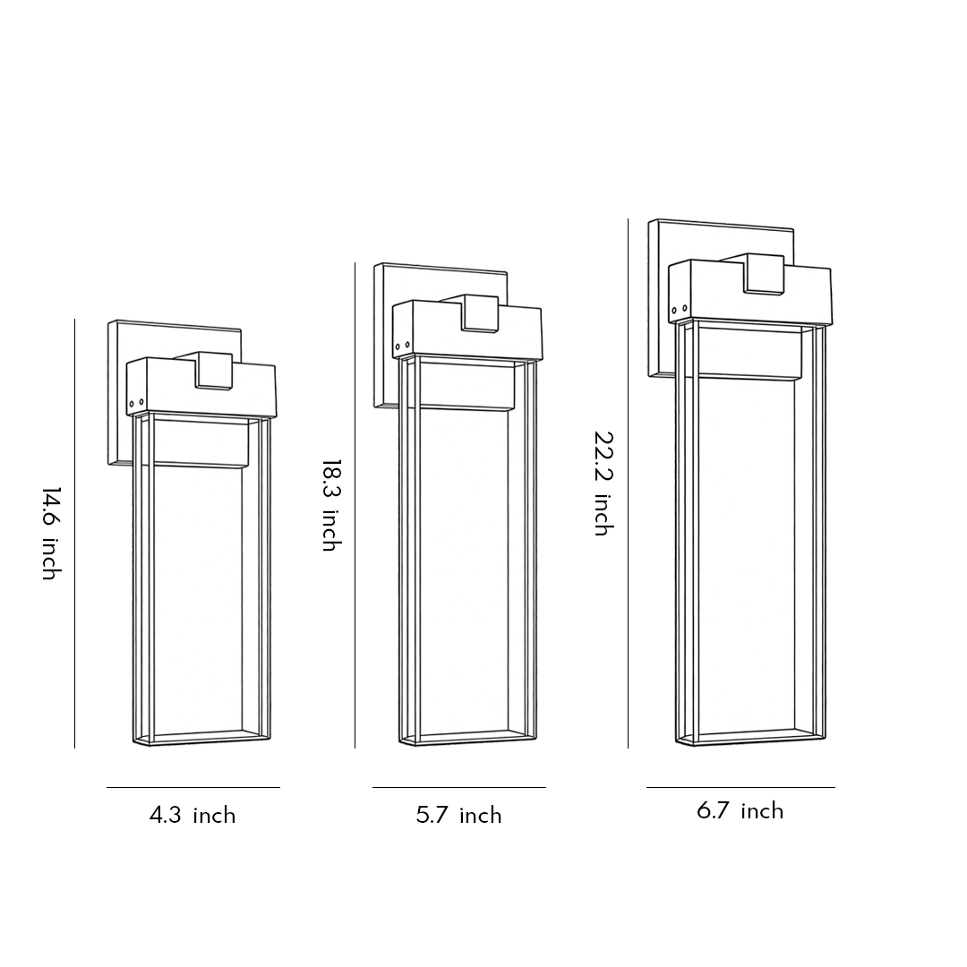 Dimensional drawings of three different sizes of seeded glass outdoor wall lighting products
