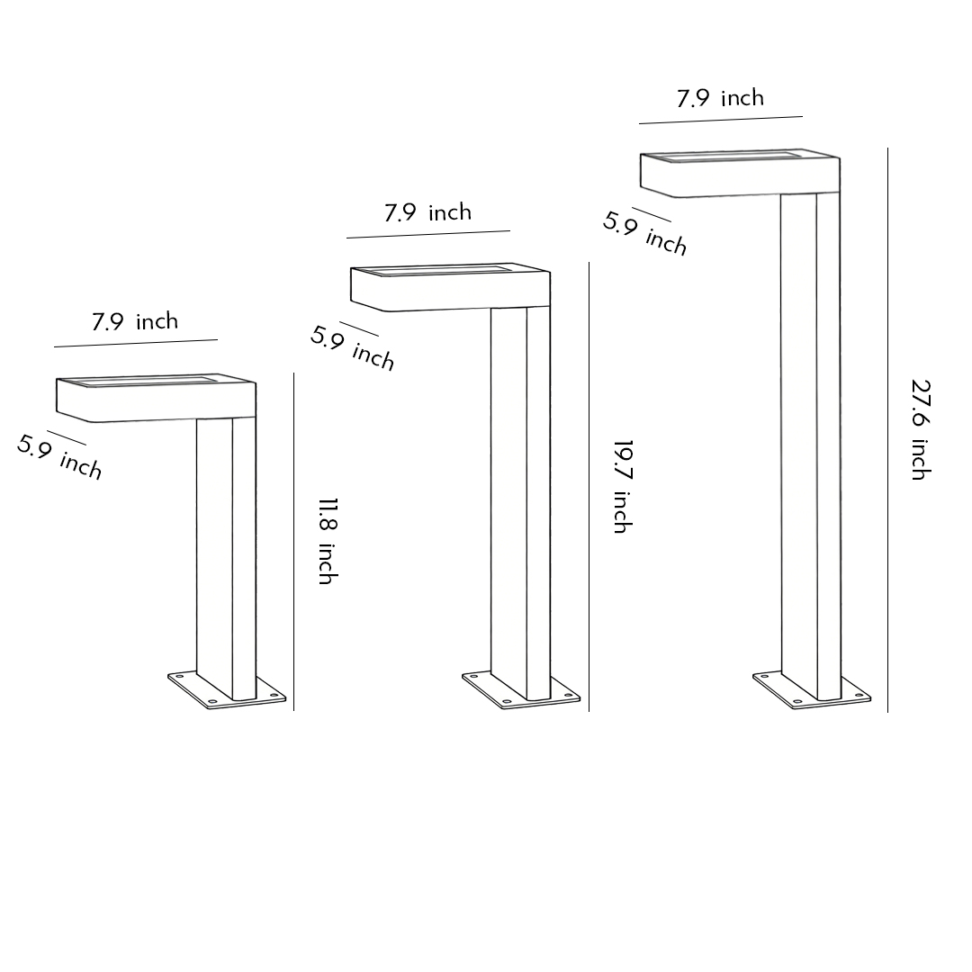 Dimensional drawings of three different sizes of L-shaped landscape lights