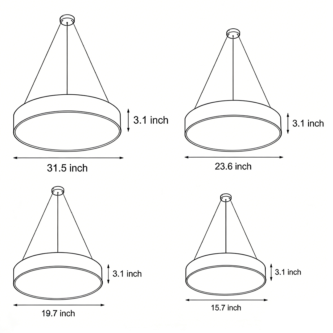 Dimensional drawings of four different sizes of round pendant lights