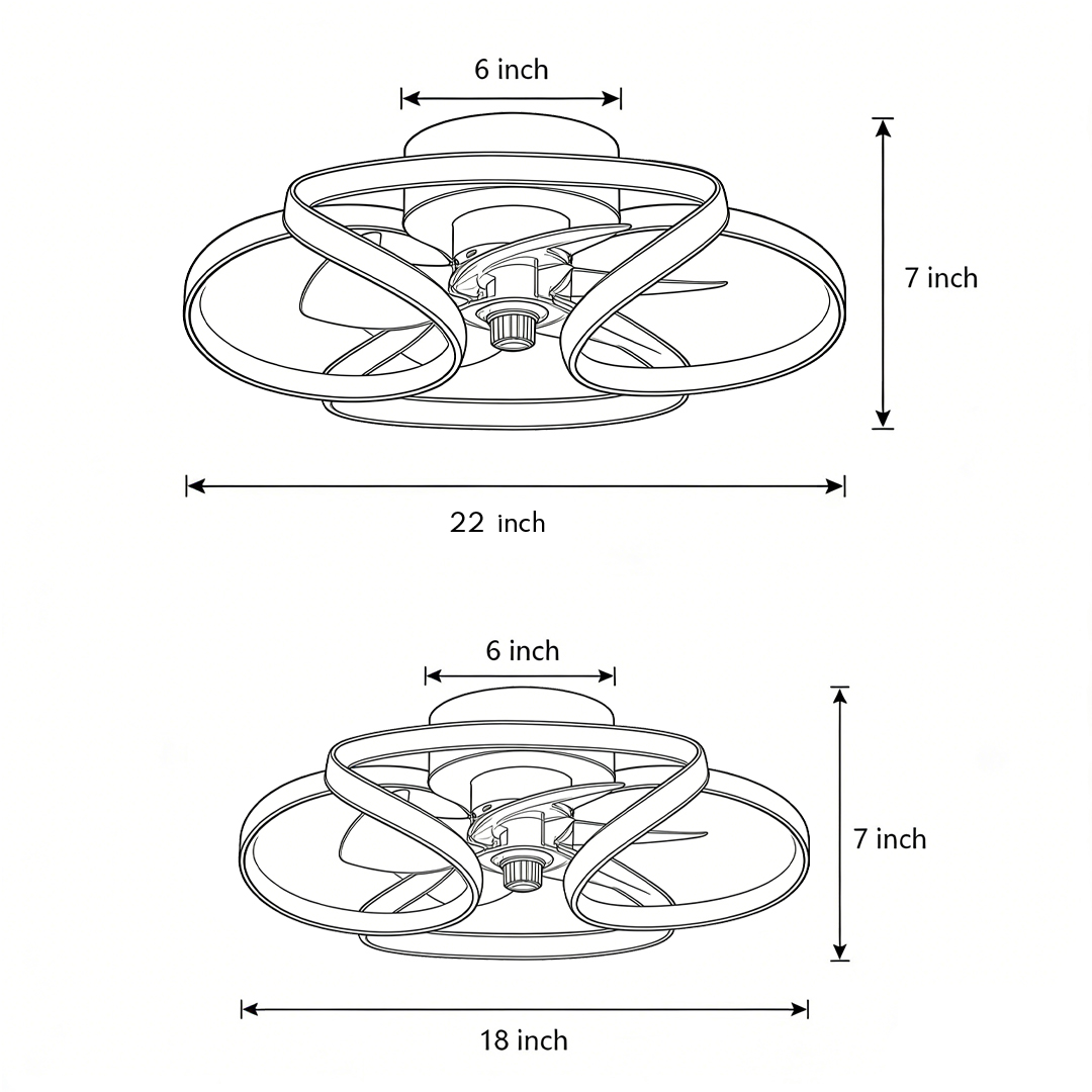 Dimensional drawings for two specifications of the flower ceiling fan with light