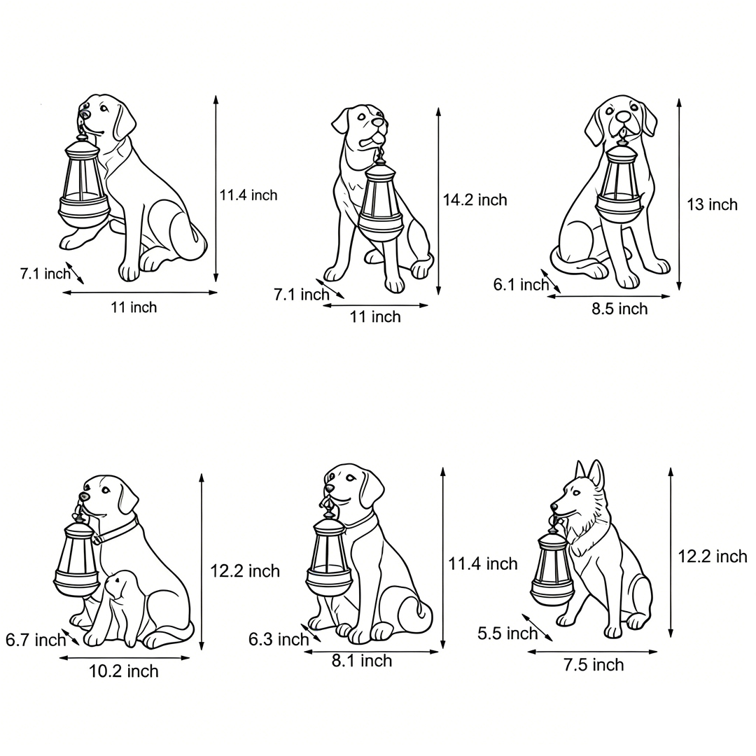 Product dimension diagrams for six different sizes of dog solar light statues