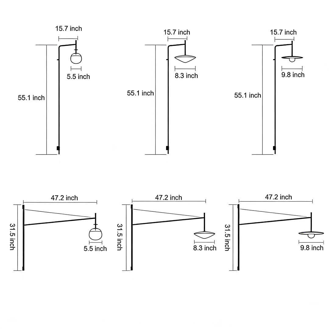 Dimensional drawings of five different specifications of the cantilever wall lamp