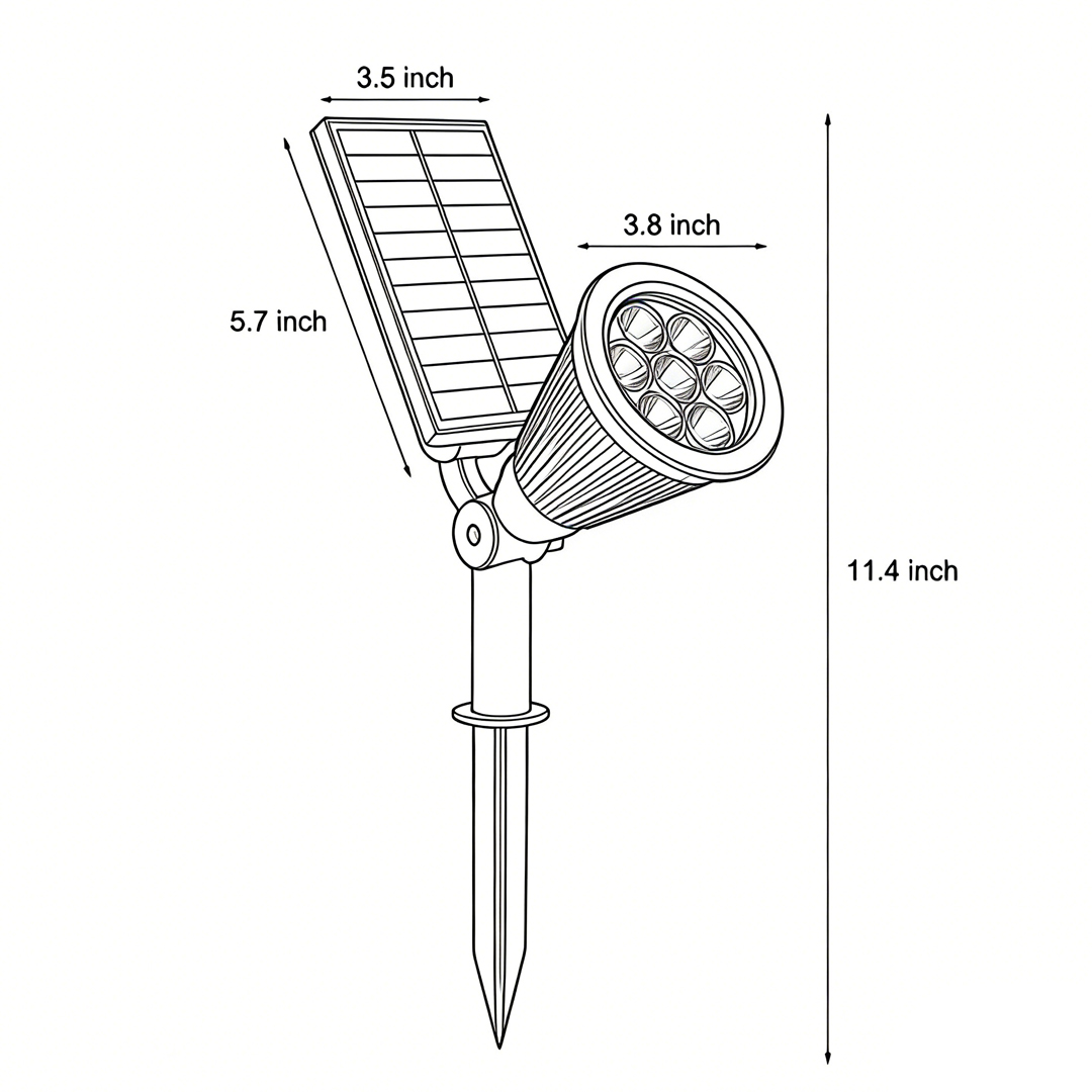 Product dimensions of solar-powered spotlights. 11.4inch*3.8inch