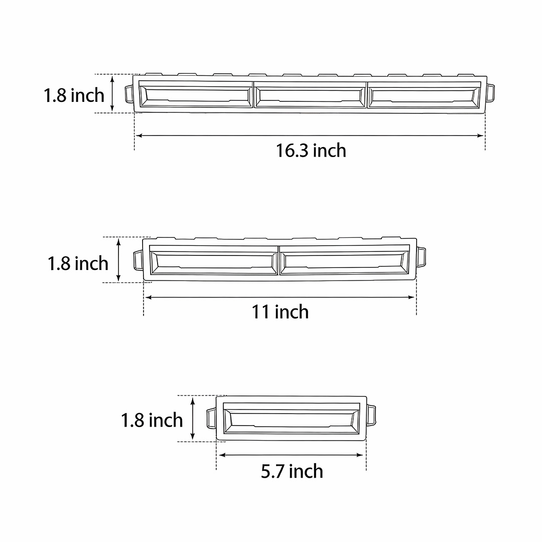 Dimensional drawings of three specifications of recessed linear light fixtures