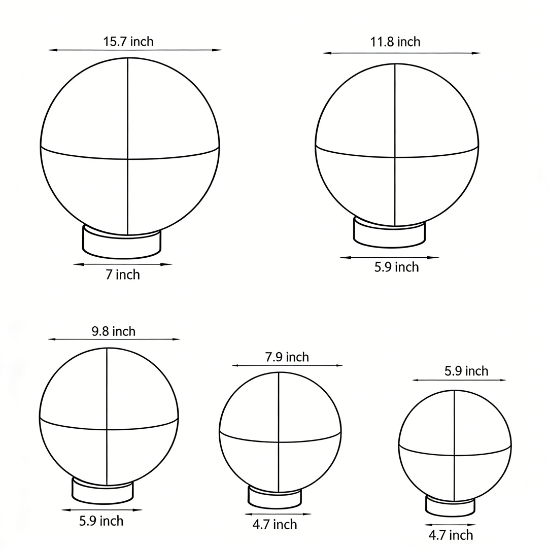 Dimensional drawings of five specifications of globe pillar lights