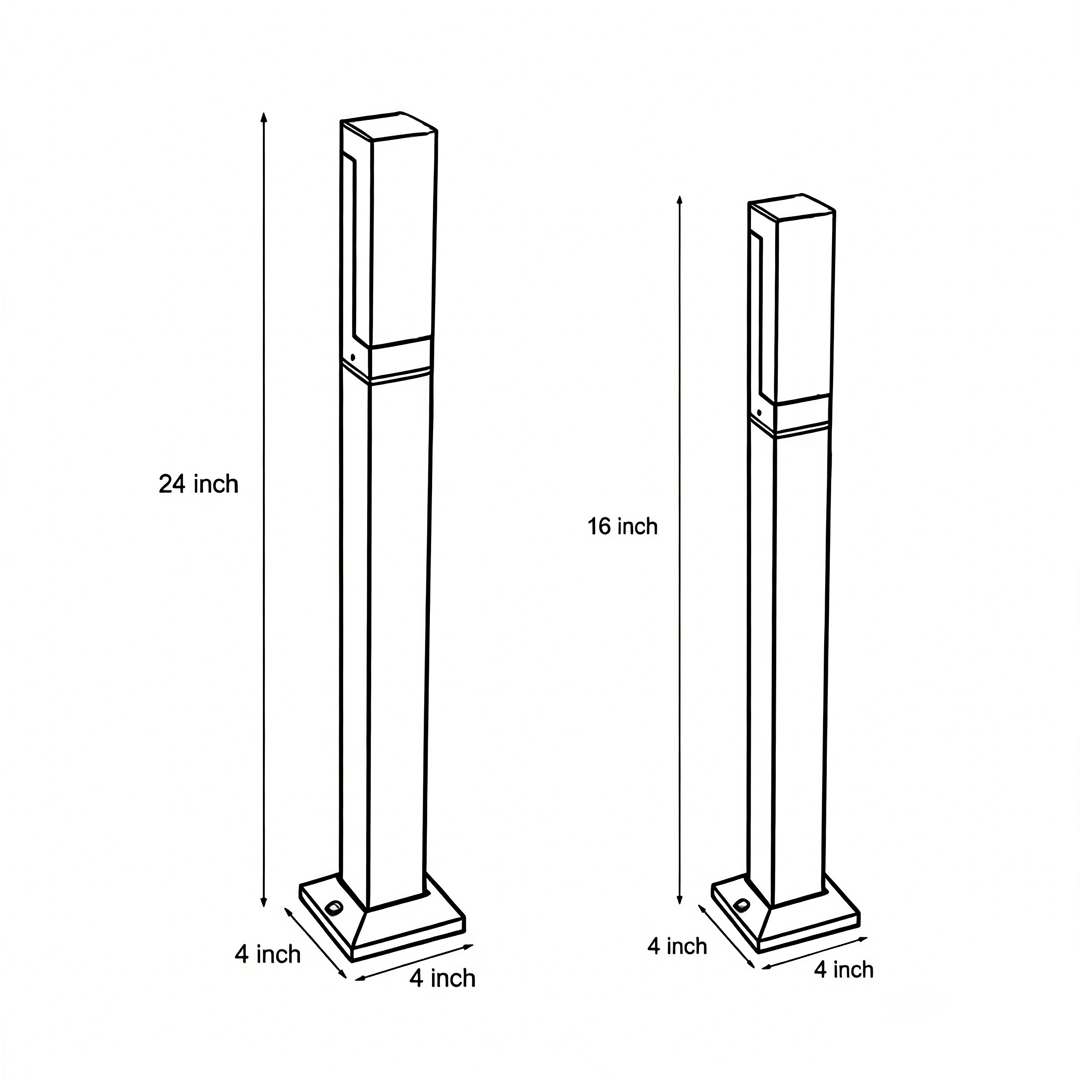 Dimensional drawings of two specifications of black bollard lights