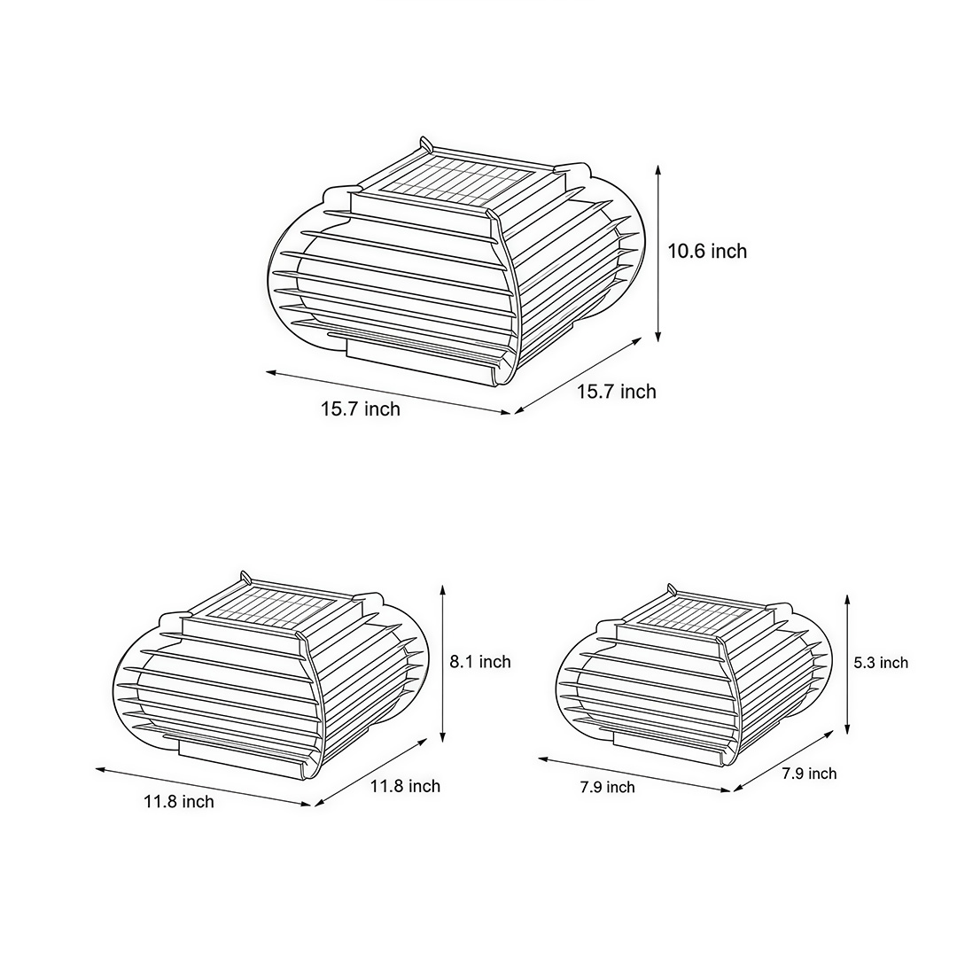 Dimensional drawings of three different sizes of lantern pillar lights
