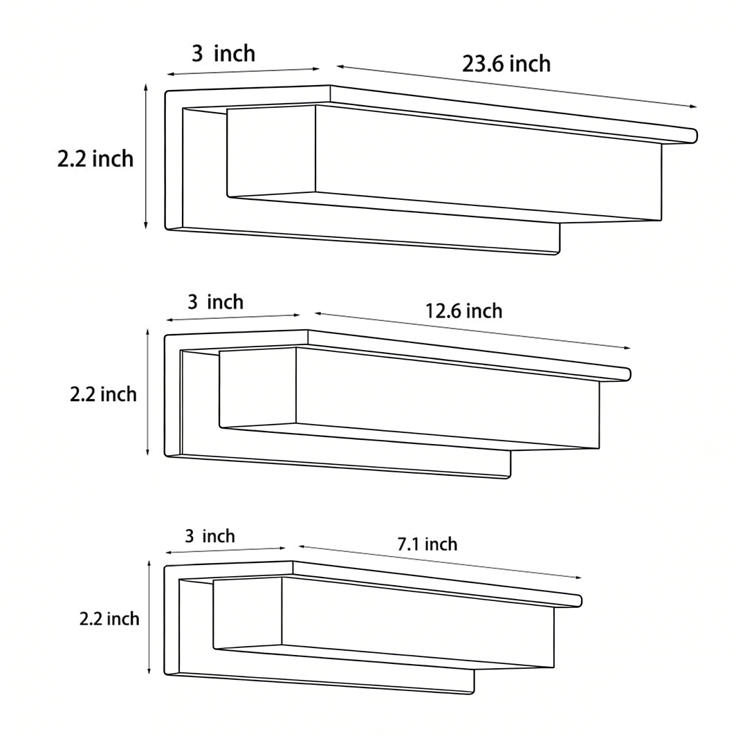 Dimensional drawings of three different sizes of front porch light fixtures