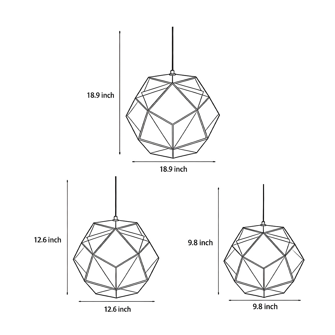 Dimensional drawings of three different styles of metal shade pendant lights.