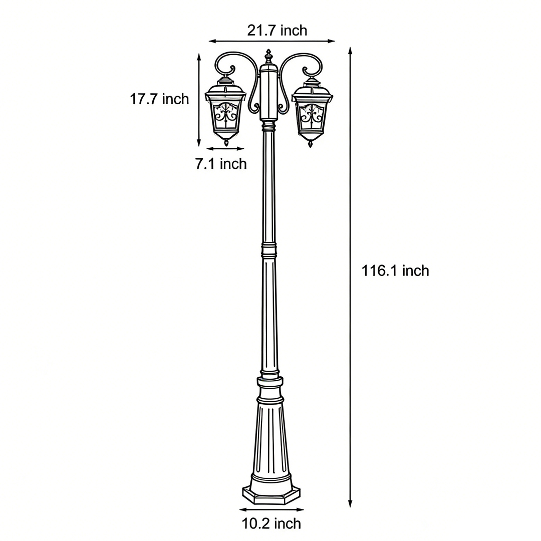 Dimensional drawing of a retro outdoor lamp post 10.2inch*116.1inch*21.7inch