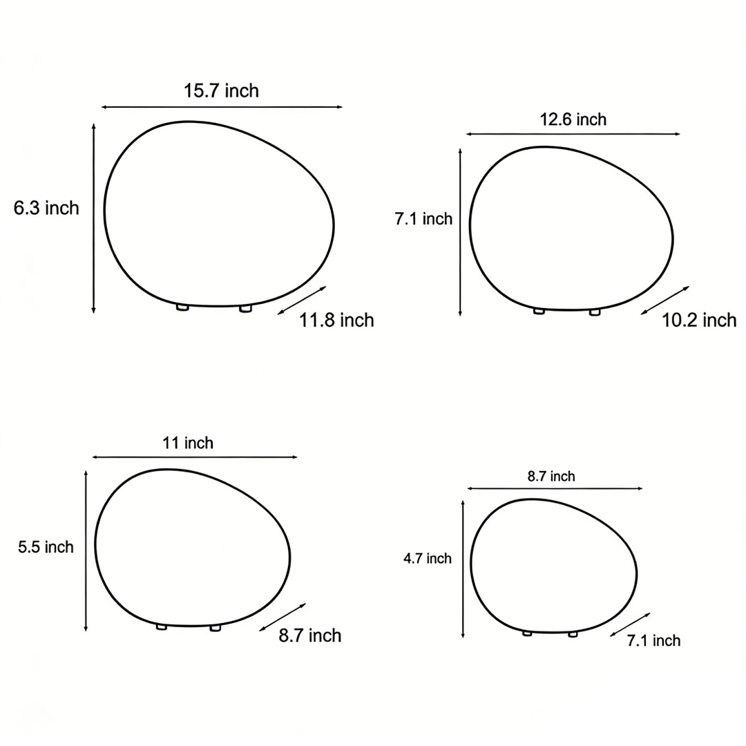 Dimensional drawings of the four specifications of Pebble Lights products