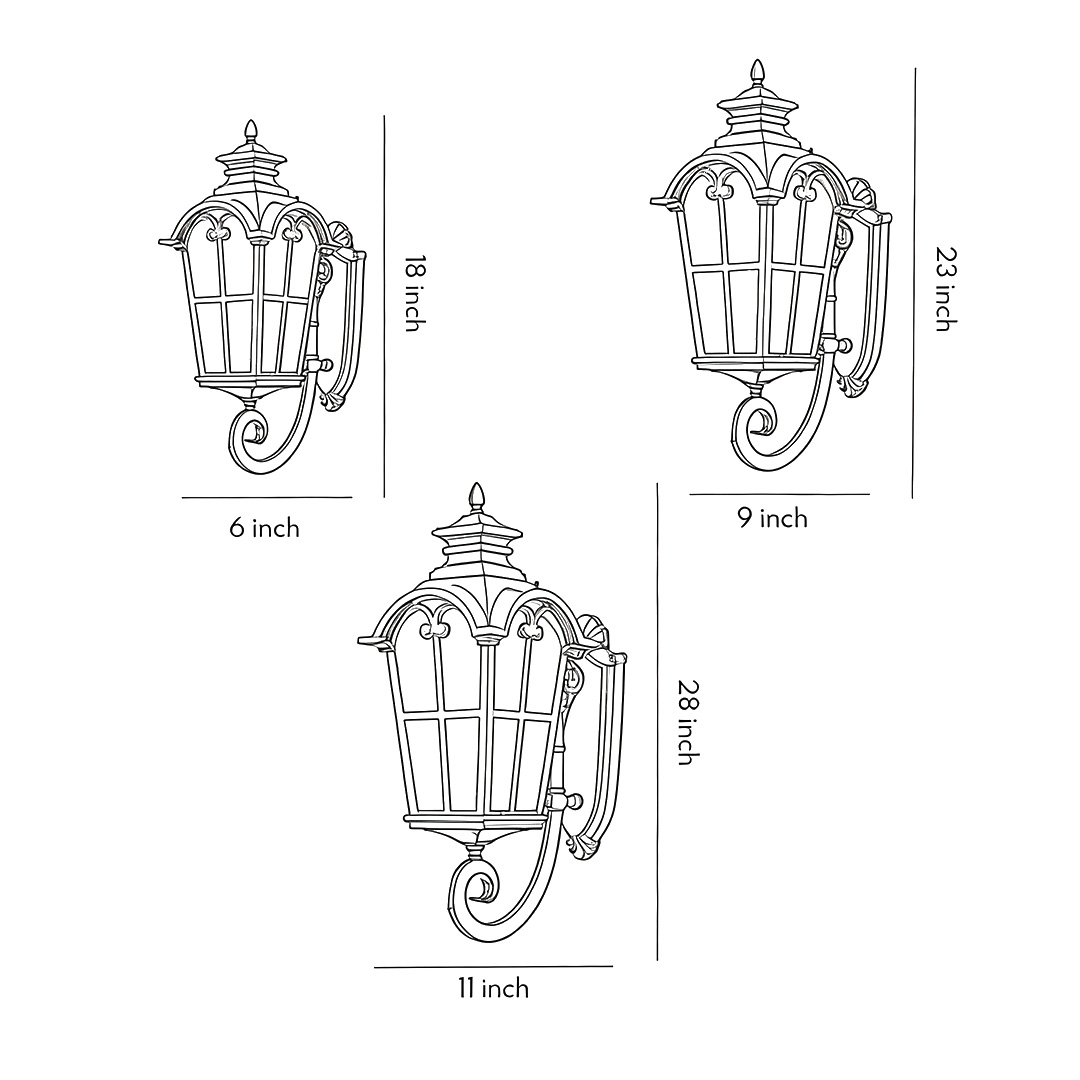 Product dimension diagrams for three sizes of outdoor black sconces