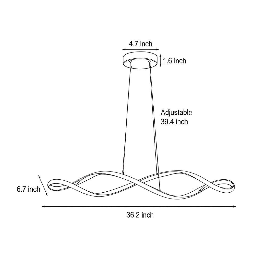 Dimensional drawing of the Waveform pendant light 36.2inch*6.7inch*39.4inch
