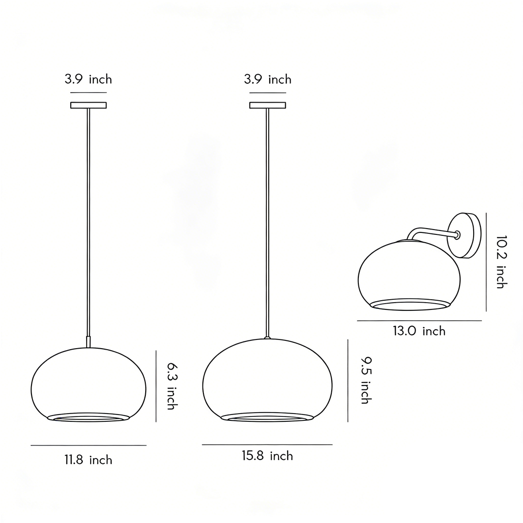 Dimensional drawings of three different sizes of rattan outdoor pendant lights