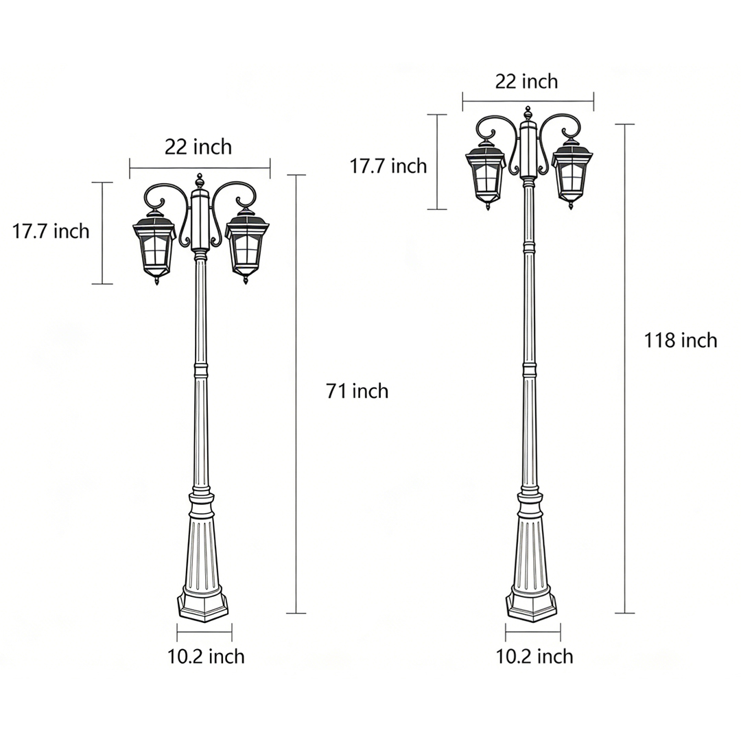 Dimensional drawings of two specifications of European-style outdoor light posts