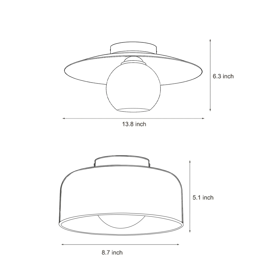 Dimensional drawings of two specifications of LED ceiling lights with wood grain finish