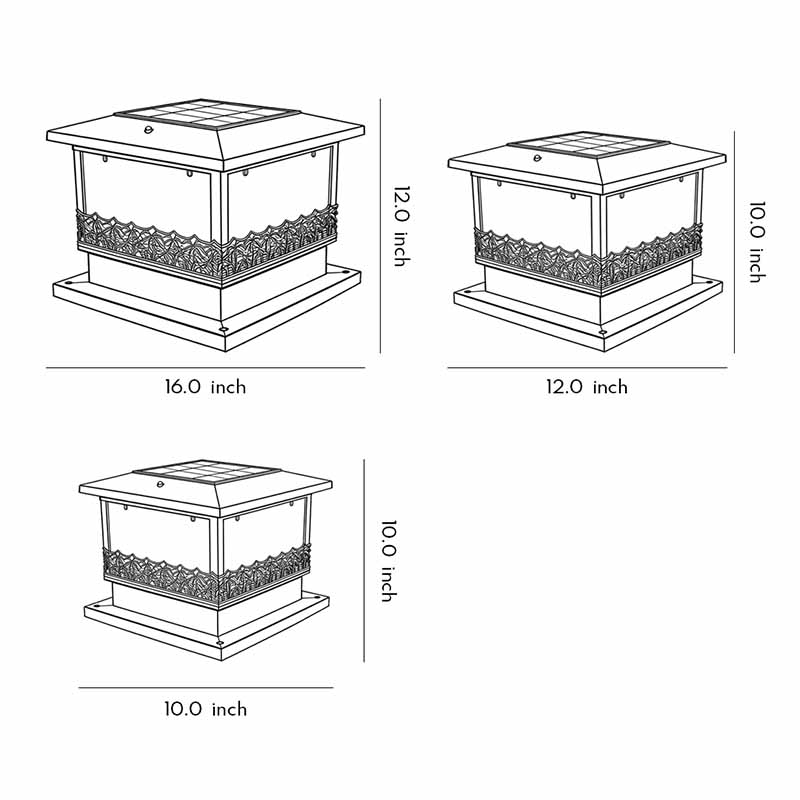 Specification diagrams for three sizes of pillar solar lights for outdoors