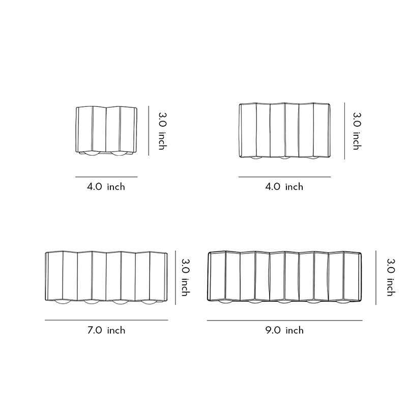 Specification diagrams for four sizes of modern up and down wall lights
