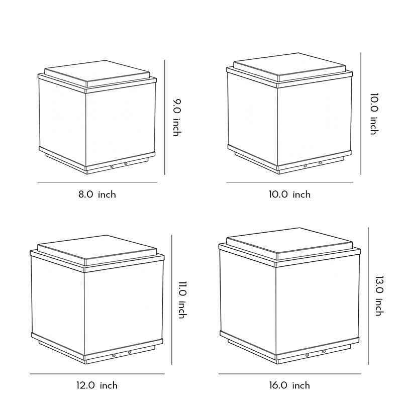 Specification diagrams for four sizes of outdoor stone pillar lights.