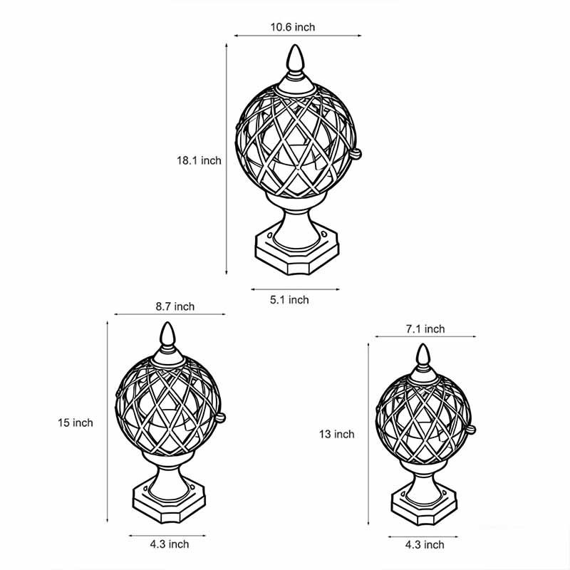 Specification diagrams showing three sizes of home pillar lights.