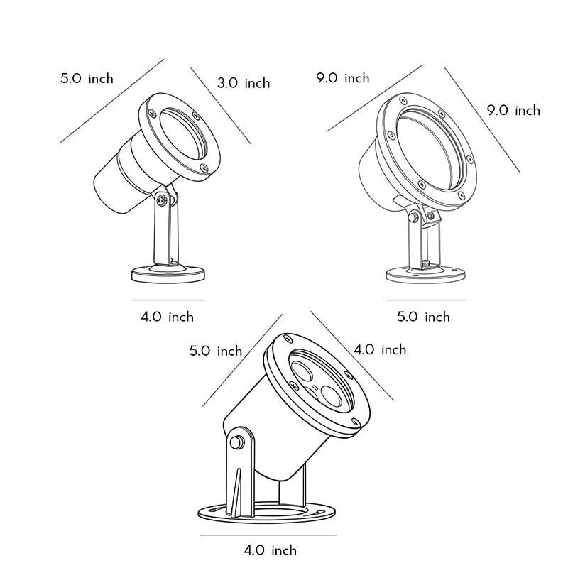 Specification diagrams for three sizes of waterproof outdoor spotlights.