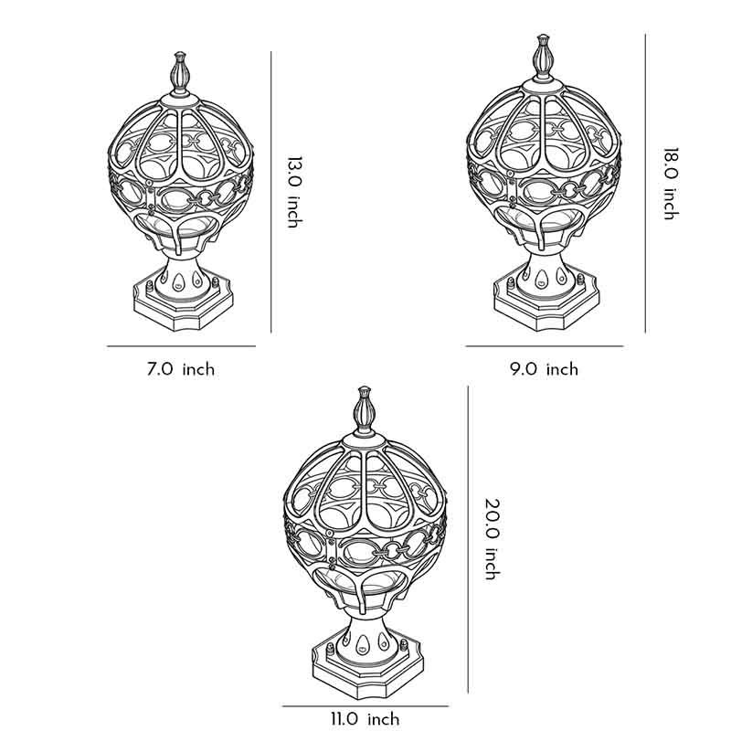 Specification diagrams for three sizes of outdoor globe pillar lights.