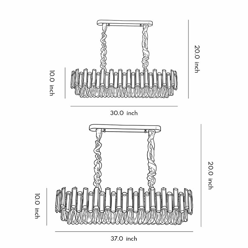 Specification diagrams for two sizes of round drum crystal chandeliers.