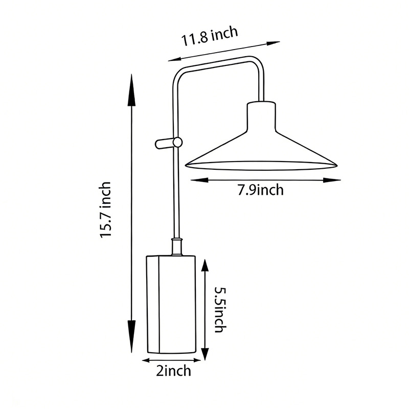 Dimensional specification diagram of a gooseneck wall lamp 2inch*5.5inch*15.7inch*11.8inch*7.9inch.