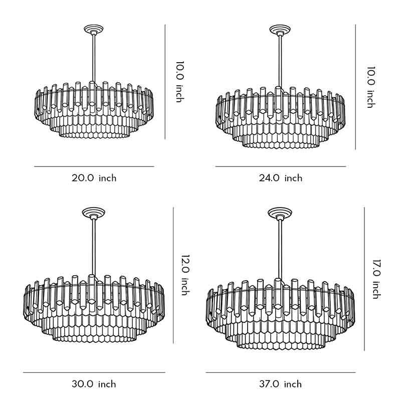 Specification diagrams for four sizes of round drum crystal chandeliers.