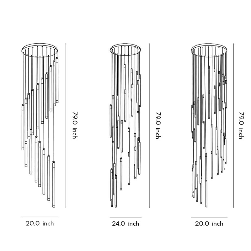 Specification diagrams for three sizes of contemporary staircase chandeliers.