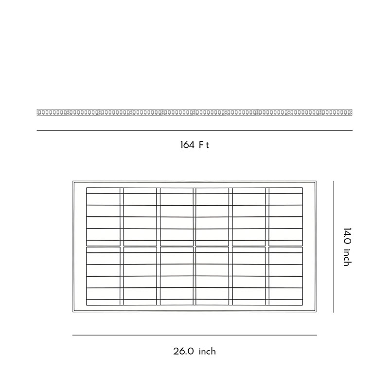 Dimensional specification diagram for waterproof LED light strips 164Ft. Solar panel dimensions:26inch*14inch