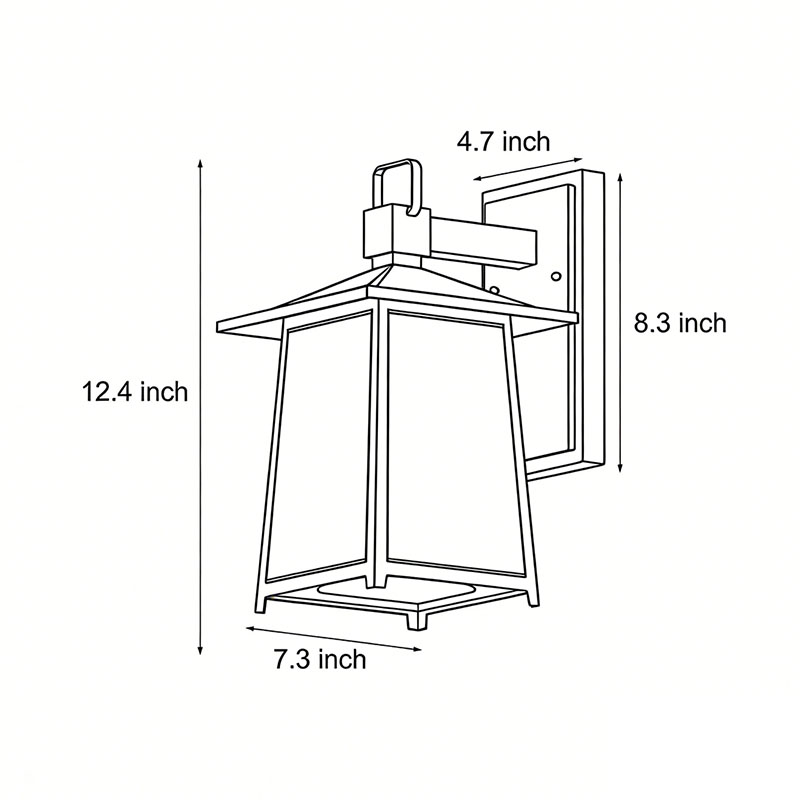 Dimensional specification diagram for lantern outdoor wall lights 7.3inch*12.4inch*8.3inch.
