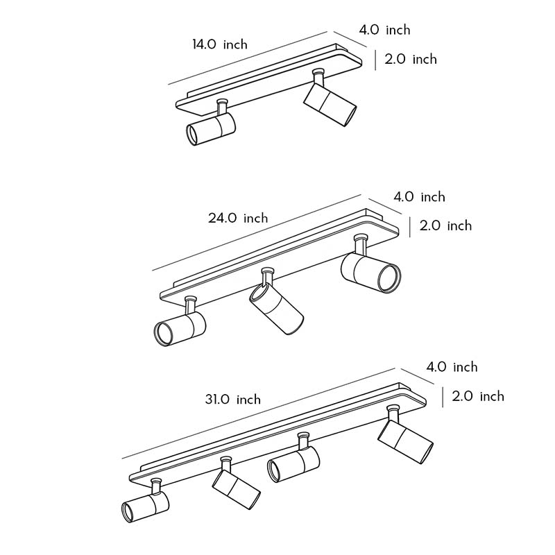 Specification diagrams for three sizes of spotlight fixtures.