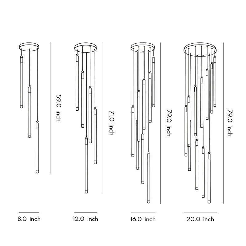 Specification diagrams for four sizes of contemporary staircase chandeliers.