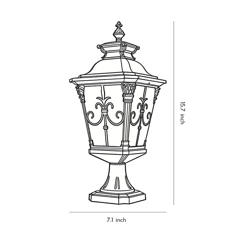Dimensional specification diagram of a cast aluminum post light 15.7inch*7,1inch.