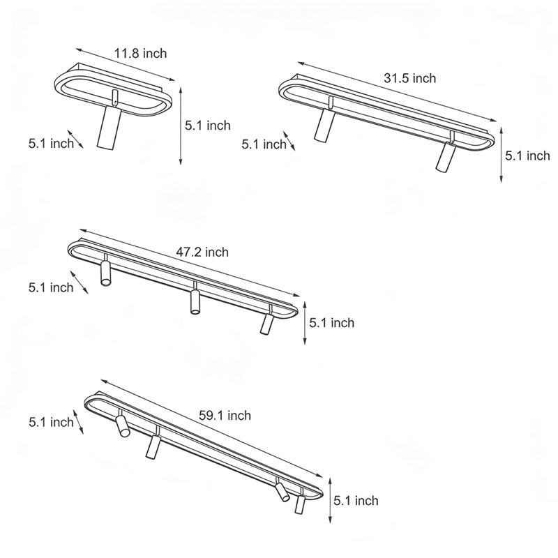 Four different size specifications for adjustable LED ceiling spotlights.
