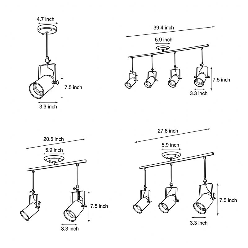 Dimensional drawings of four specifications of black track lights