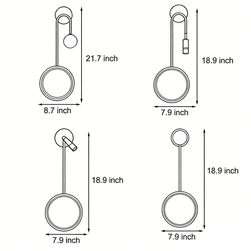 Four different size specifications for the wall pendant light.
