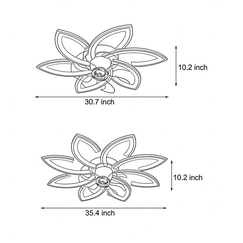 Two size specifications diagrams for ceiling fans with fancy lights