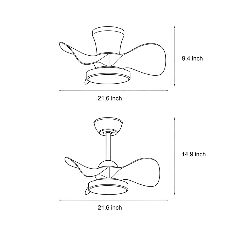 Two size specifications diagrams for a simple white ceiling fan with light