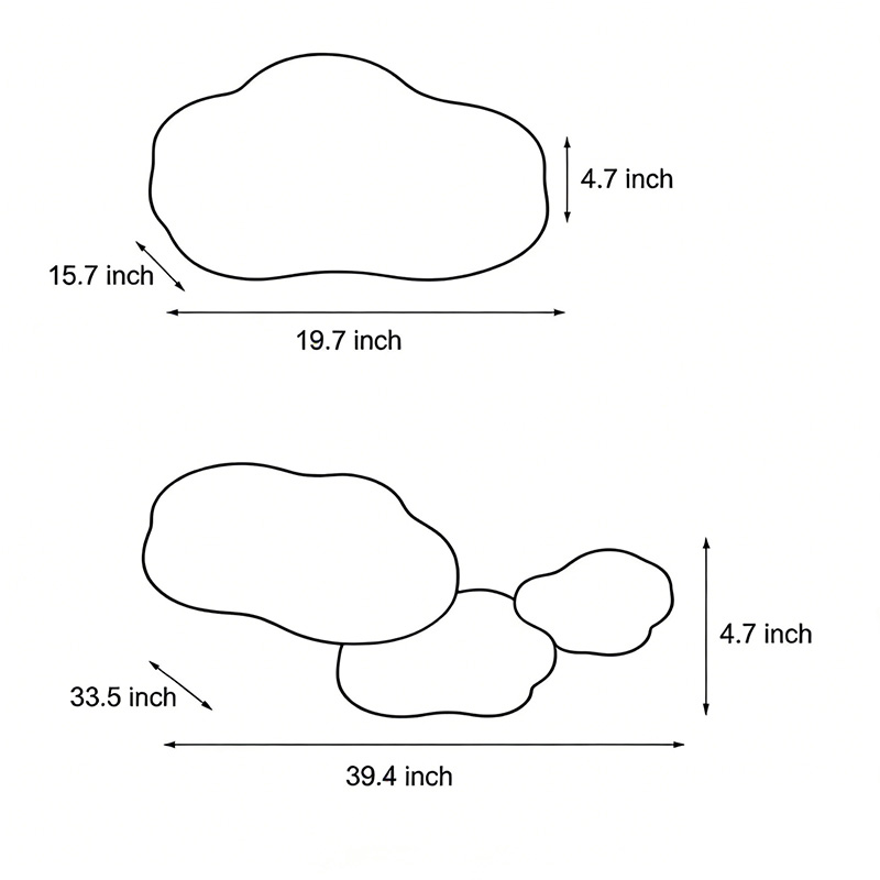 Two size specifications diagrams for the cloud-shaped ceiling light.