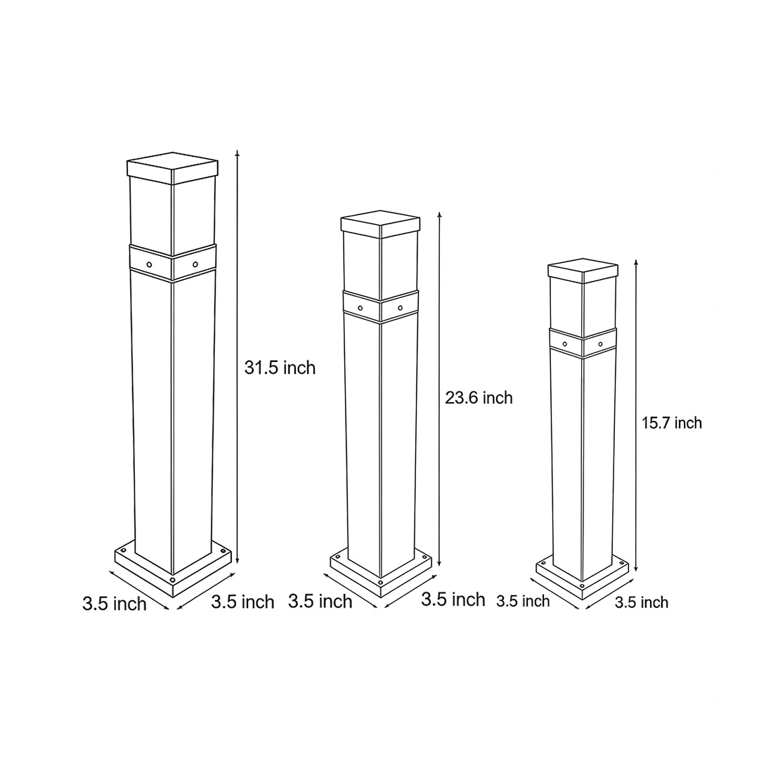 Three size specifications diagrams for commercial bollard lights